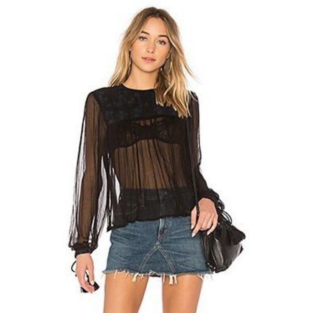 NWT Free People FP Retro Femme Black Semi-Sheer Blouse Beaded Tassel Ties S